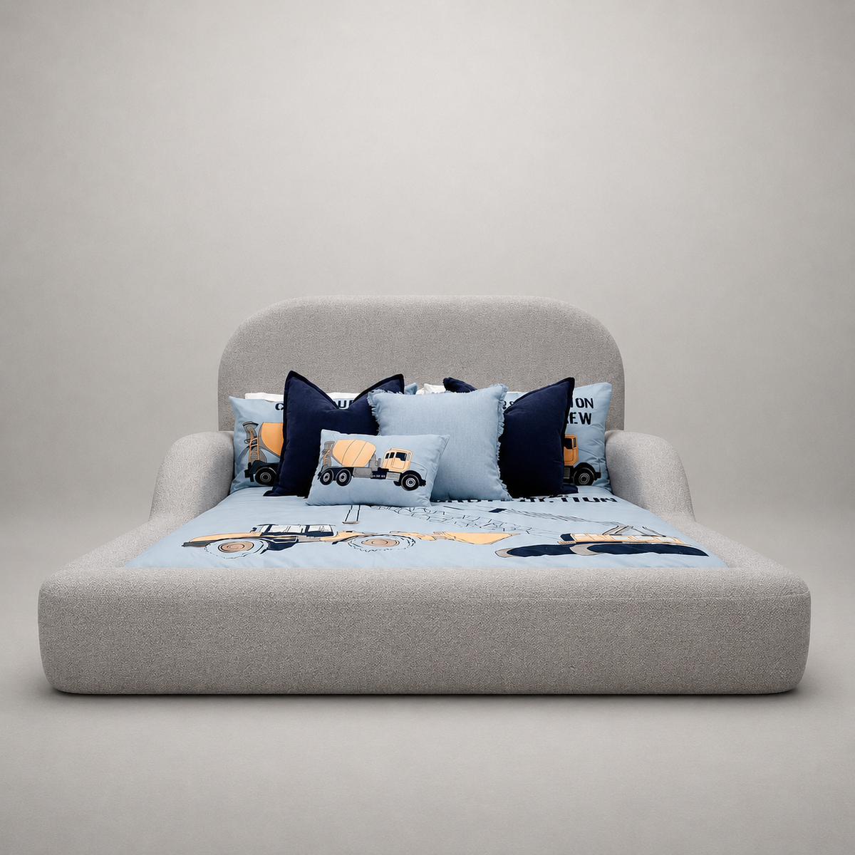 gray upholstered bed