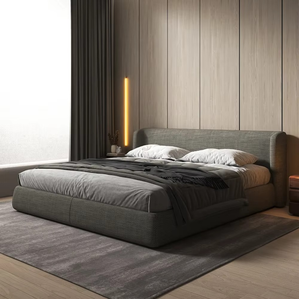 grey upholstered bed