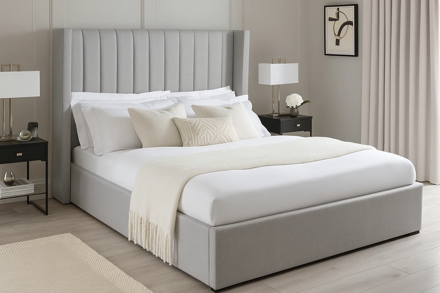 light gray upholstered bed